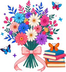Floral Bouquet Butterfly And Books - Valentines Day Ready to Press DTF Transfer