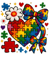 Autism Puzzle Heart Bow Chenille Style – Health Awareness Ready to Press DTF Transfer