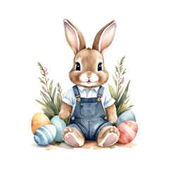 Watercolor Bunny in Denim Overalls with Easter Eggs – Easter Ready to Press DTF Transfer