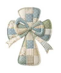 Blue & Sage Patchwork Quilted Cross with Bow – Easter Ready to Press DTF Transfer