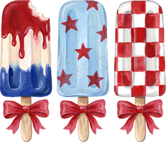 Patriotic Red White Blue Popsicle Trio with Bows Fourth of July Summer Graphic – 4th of July Ready to Press DTF Transfer