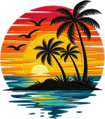 Tropical Sunset Palm Tree Ocean Beach Faux Embroidery Summer Vacation Graphic – Summer Ready to Press DTF Transfer