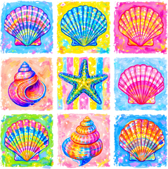 Colorful Coastal Seashells Starfish Ocean Beach Watercolor Clipart Bundle – Summer Ready to Press DTF Transfer