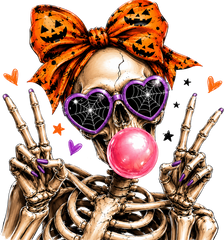 Spooky Skeleton with Pumpkin Bow Heart Spiderweb Sunglasses Bubble Gum Graphic – Halloween Ready to Press DTF Transfer