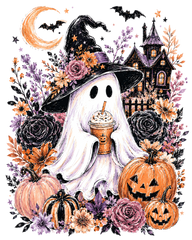 Cute Halloween Ghost with Witch Hat & Pumpkin Spice Coffee Graphic – Halloween Ready to Press DTF Transfer