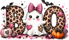 Cute Leopard Print Boo Ghost Pink Bow Halloween Graphic – Halloween Ready to Press DTF Transfer