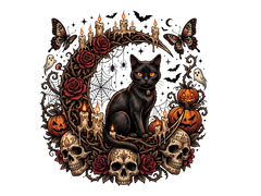 Gothic Black Cat Skull Roses Pumpkin Halloween Graphic – Halloween Ready to Press DTF Transfer