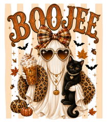 Boojee Ghost with Black Cat Leopard Bow Pumpkin Spice Graphic – Halloween Ready to Press DTF Transfer