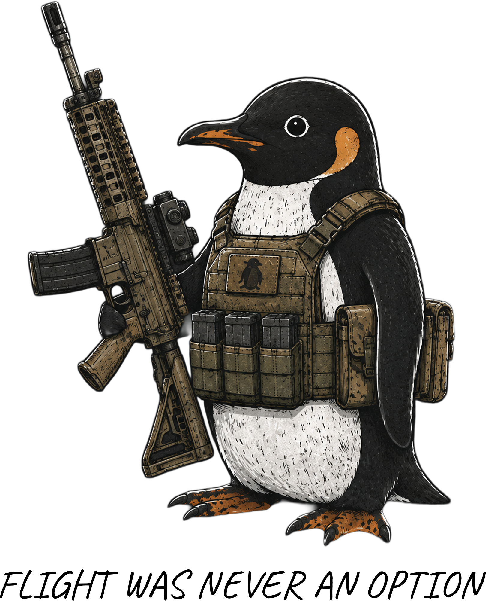 Flight Was Never An Option Penguin Rifle – Funny Ready to Press DTF Transfer