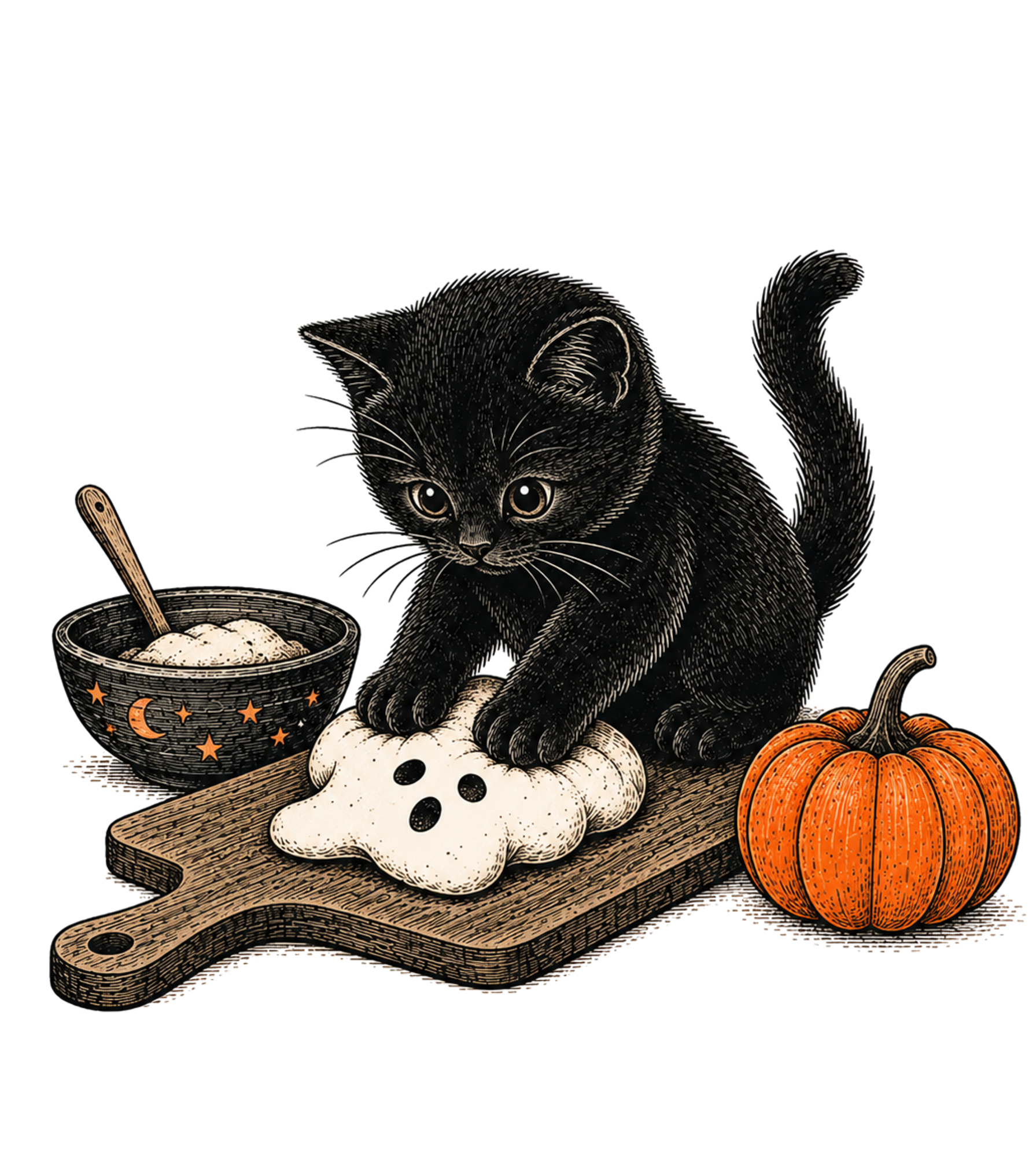 Spooky Biscuits Bakery Black Cat Kneading Dough – Halloween Ready to Press DTF Transfer