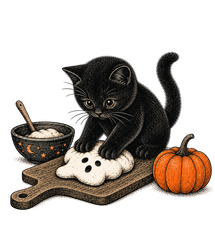 Spooky Biscuits Bakery Black Cat Kneading Dough – Halloween Ready to Press DTF Transfer
