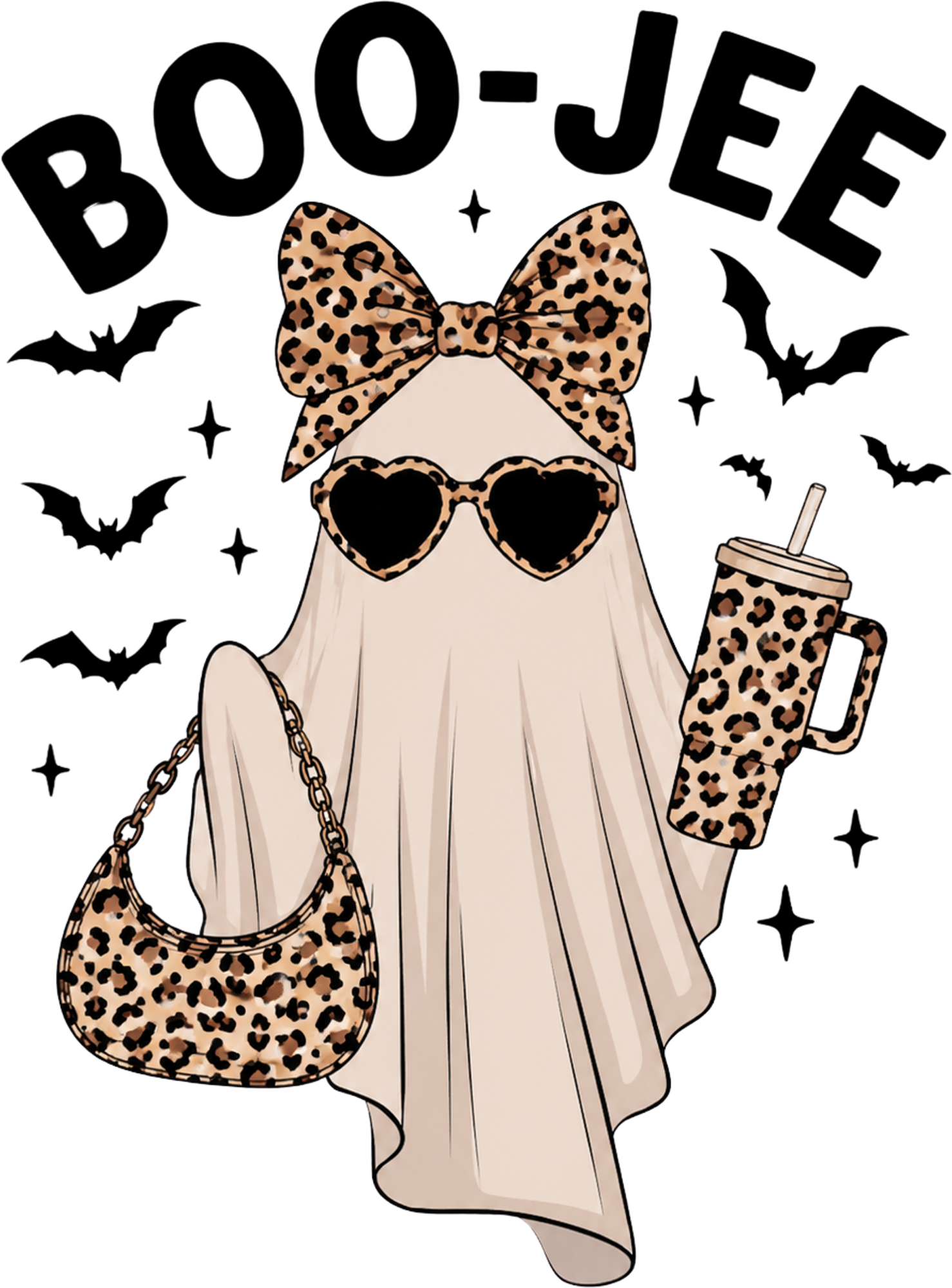 Boo-Jee Leopard Print Ghost With Tumbler – Halloween Ready to Press DTF Transfer