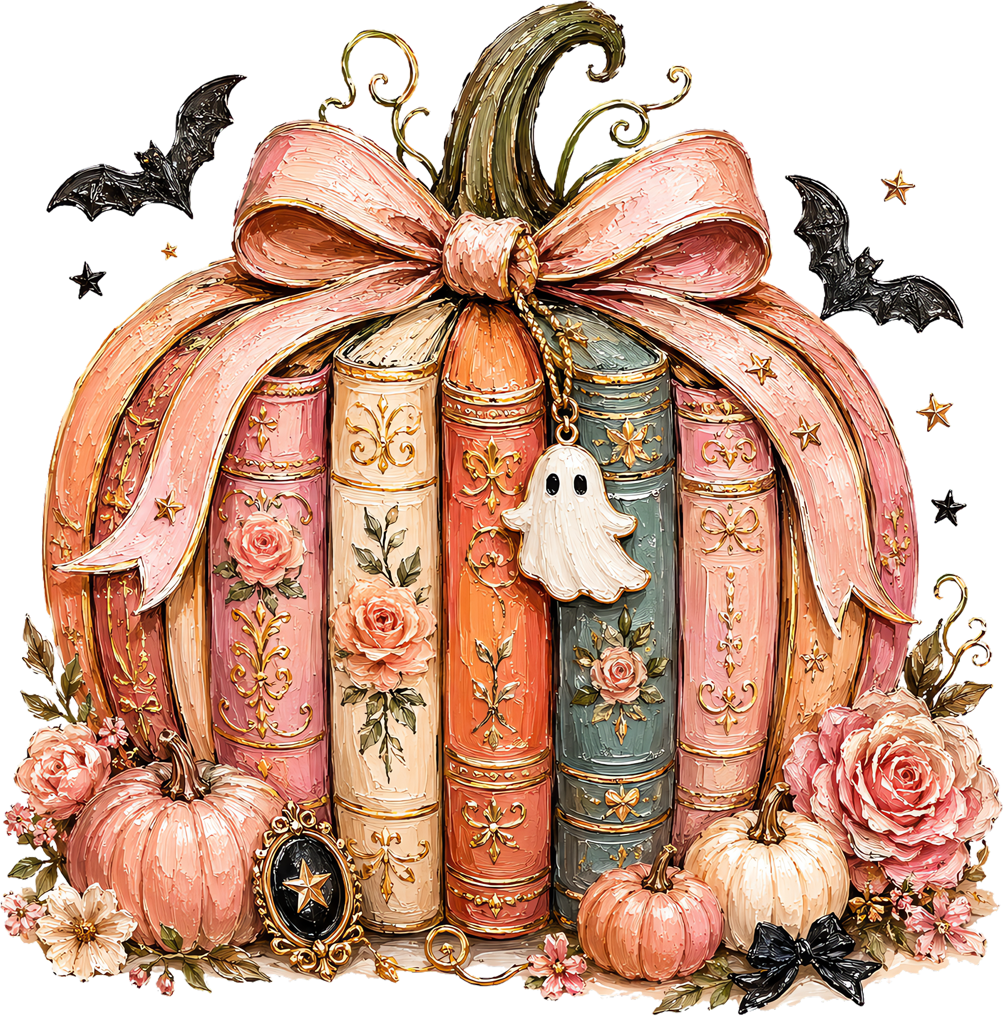 Pink Floral Book Pumpkin with Ghost Charm – Halloween Ready to Press DTF Transfer