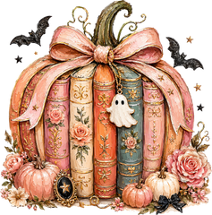 Pink Floral Book Pumpkin with Ghost Charm – Halloween Ready to Press DTF Transfer