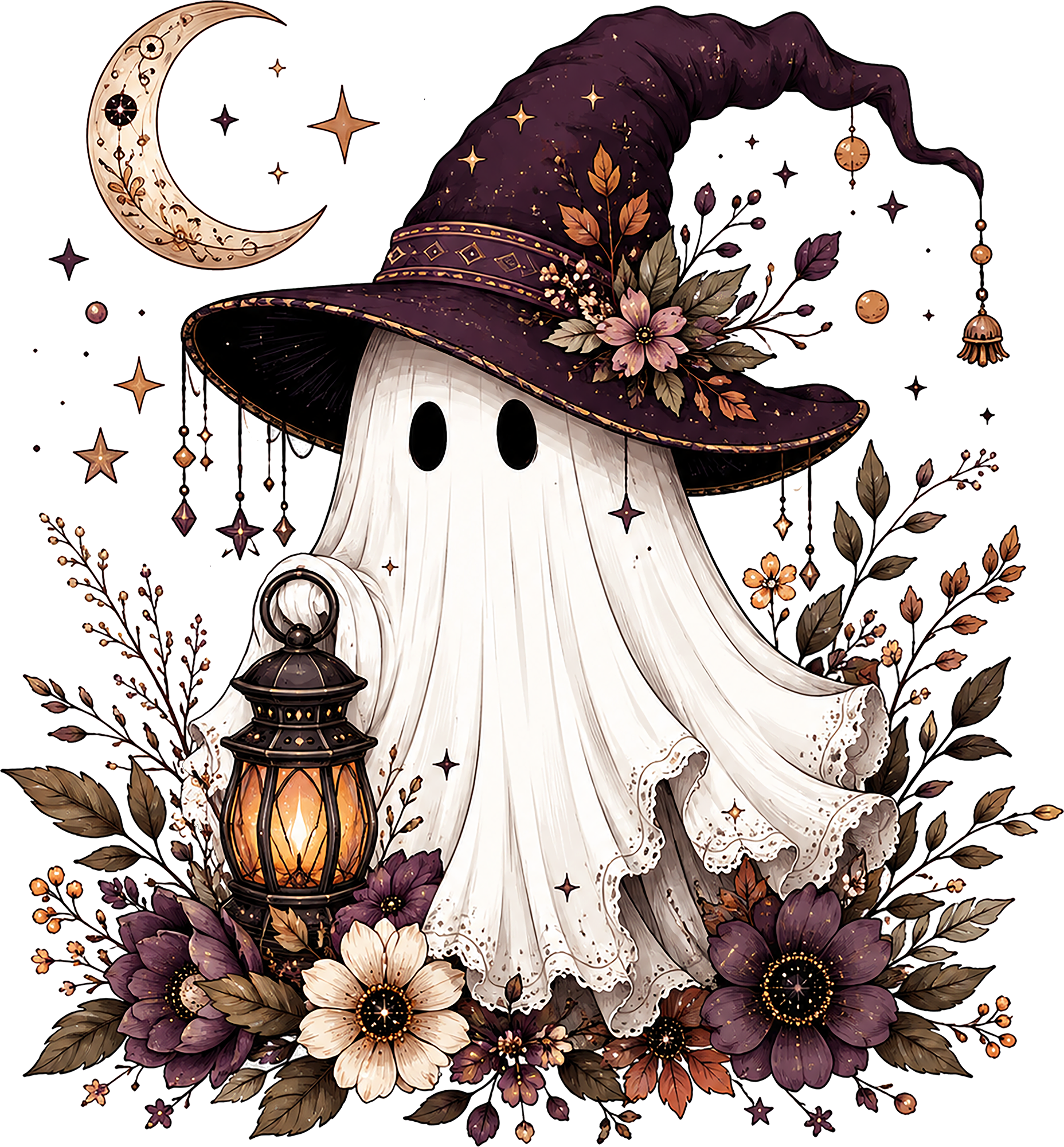 Ghost with Purple Witch Hat and Lantern – Halloween Ready to Press DTF Transfer