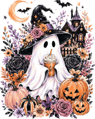 Witch Ghost with Iced Coffee and Haunted House – Halloween Ready to Press DTF Transfer