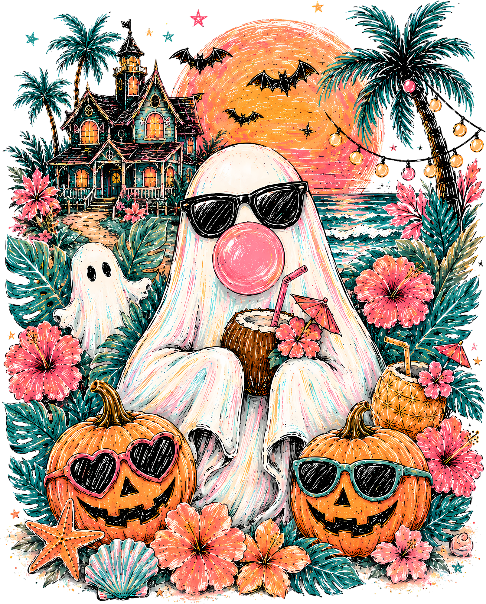Summerween Ghost with Bubblegum and Sunglasses – Halloween Ready to Press DTF Transfer