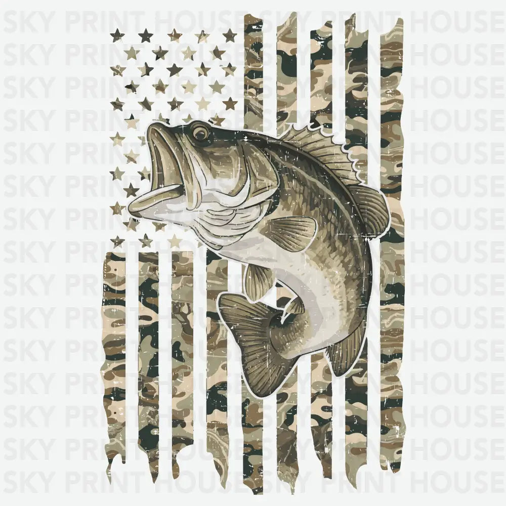 Camouflage USA Flag Fish Fishing Ready to Press DTF Transfer