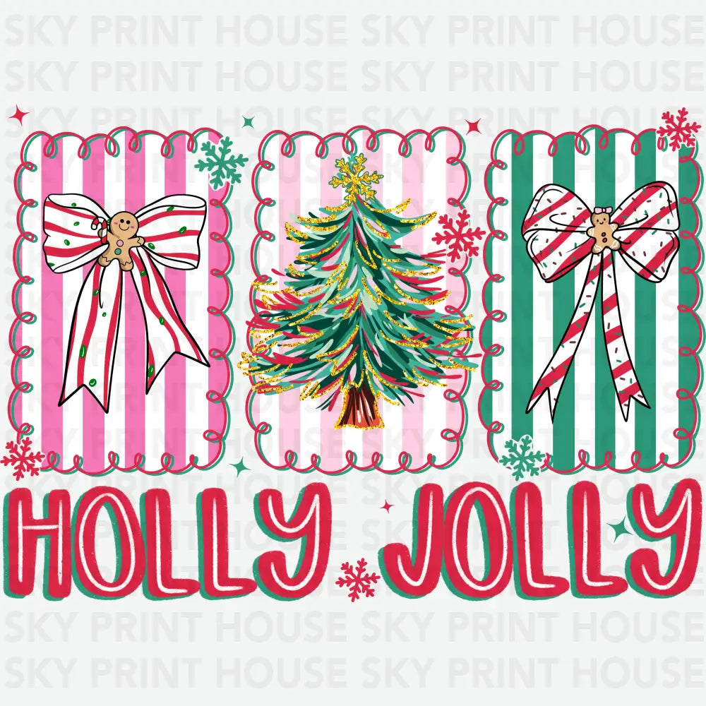 Christmas Tree And Bow Holly Jolly - Christmas Ready to Press DTF Transfer