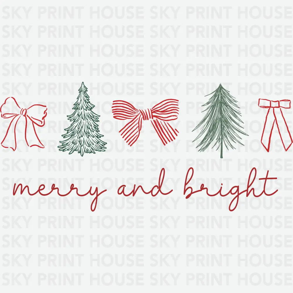 Christmas Tree Bow Merry And Bright - Christmas Ready to Press DTF Transfer