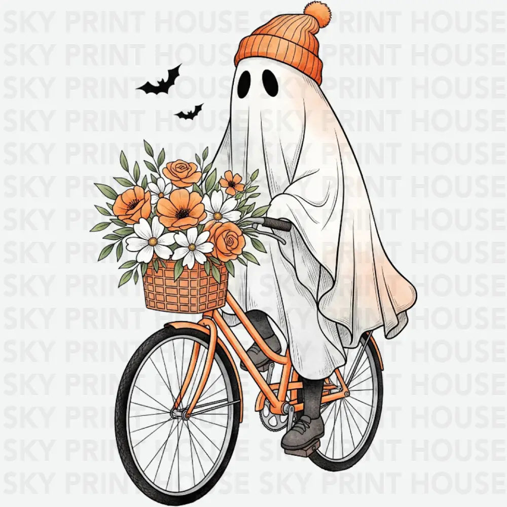 Cozy Ghost on Bicycle Fall Aesthetic Halloween- Ready to Press DTF Transfer
