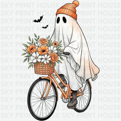 Cozy Ghost on Bicycle Fall Aesthetic Halloween- Ready to Press DTF Transfer