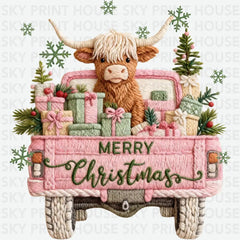Faux Yarn Highland Cow Pink Christmas - Christmas Ready to Press DTF Transfer