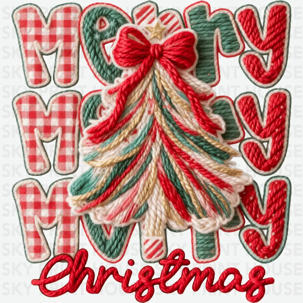 Faux Yarn Merry Merry Merry Christmas Tree - Christmas Ready to Press DTF Transfer