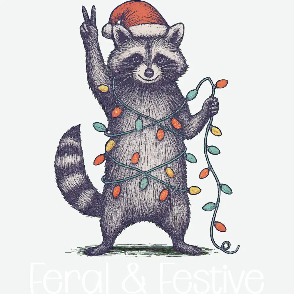 Feral & Festive Raccoon Lights Design – Christmas Ready to Press DTF Transfer