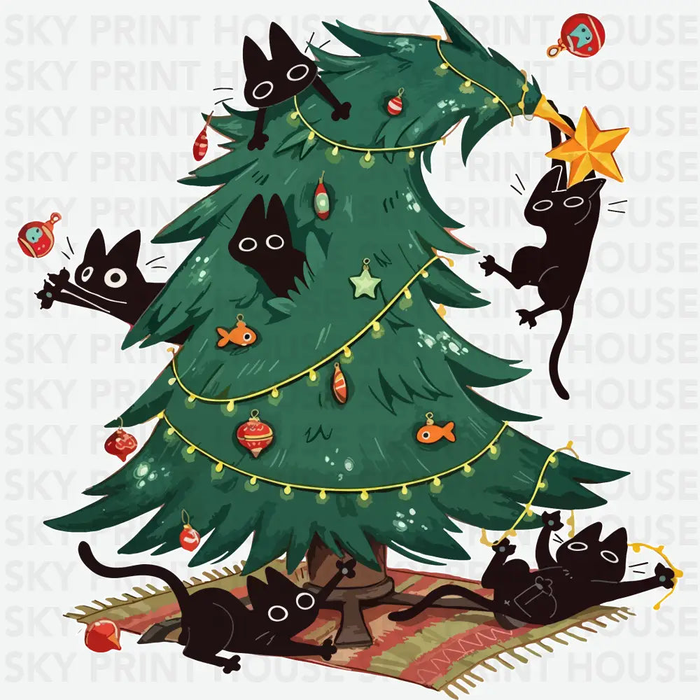 Funny Black Cats Christmas Tree Design - Christmas Ready to Press DTF Transfer