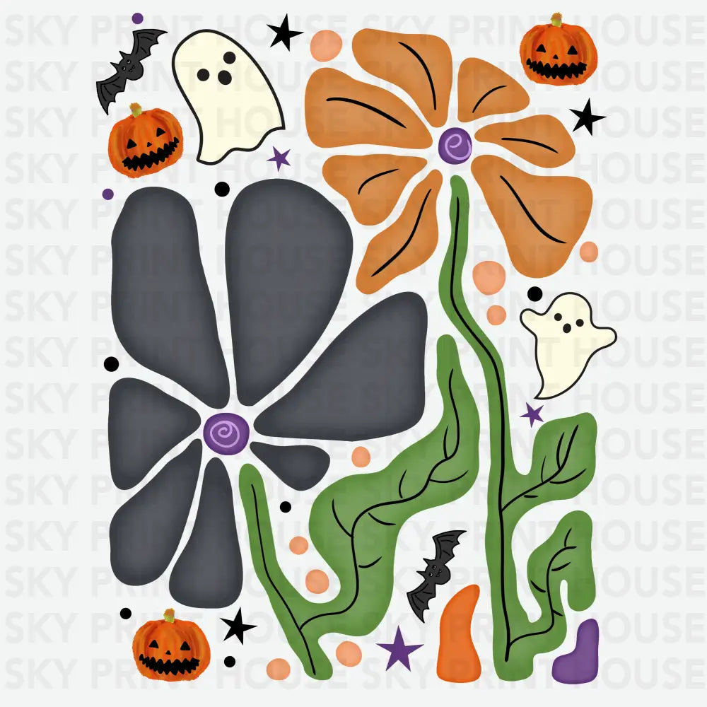 Ghost Pumpkin Flowers Halloween Ready to Press DTF Transfer