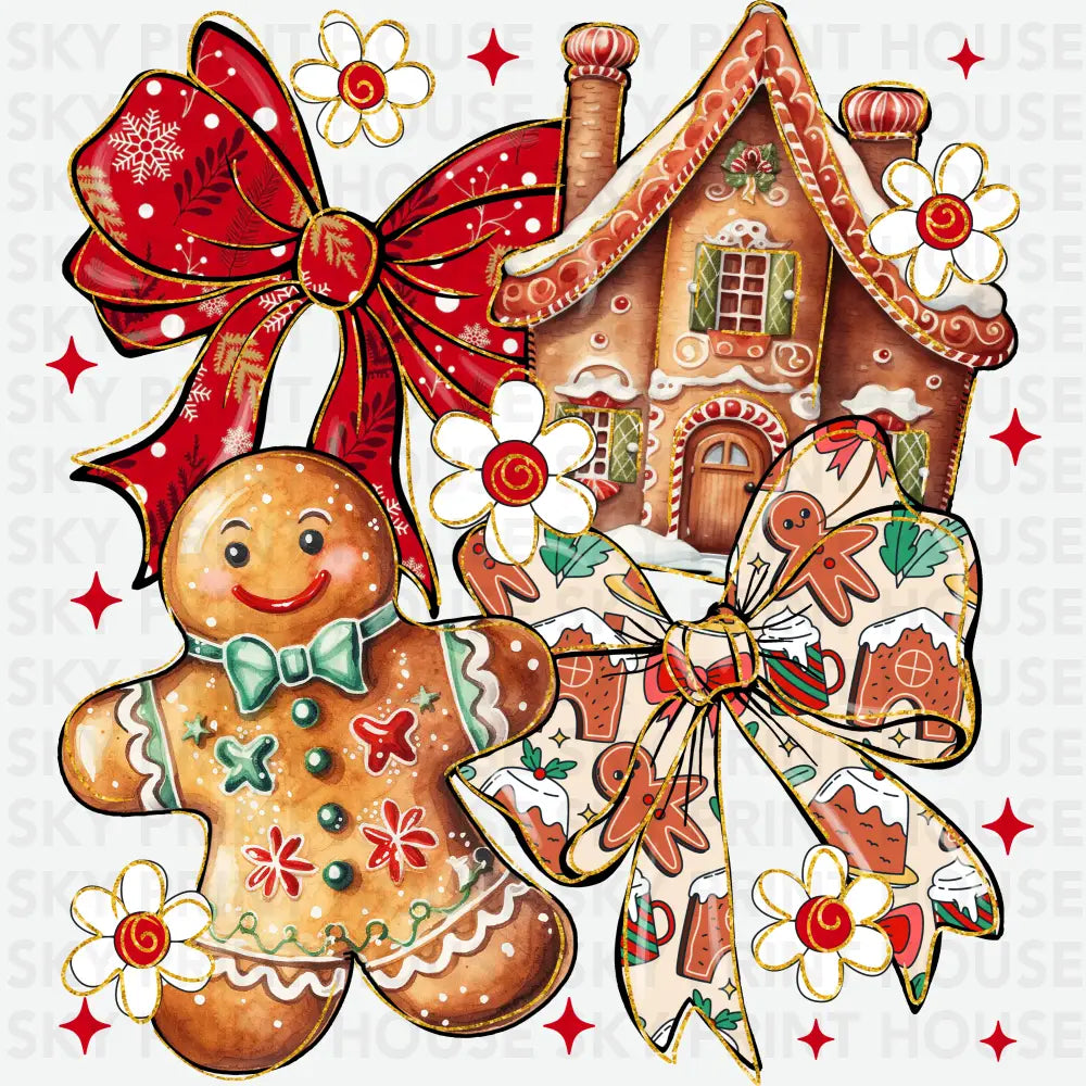 Gingerbread House & Bow Christmas Vibes Design – Christmas Ready to Press DTF Transfer