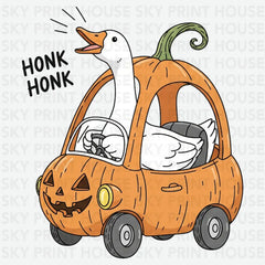 Goose in Pumpkin Car – Funny Halloween Ready to Press DTF Transfer