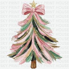Hand Painted Coquette Glitter Christmas Tree - Christmas Ready to Press DTF Transfer