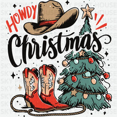 Howdy Christmas Cowboy Boots Design – Christmas Ready to Press DTF Transfer