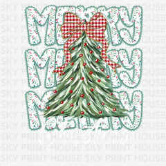 Merry Christmas Tree Gingham Bow Design – Christmas Ready to Press DTF Transfer