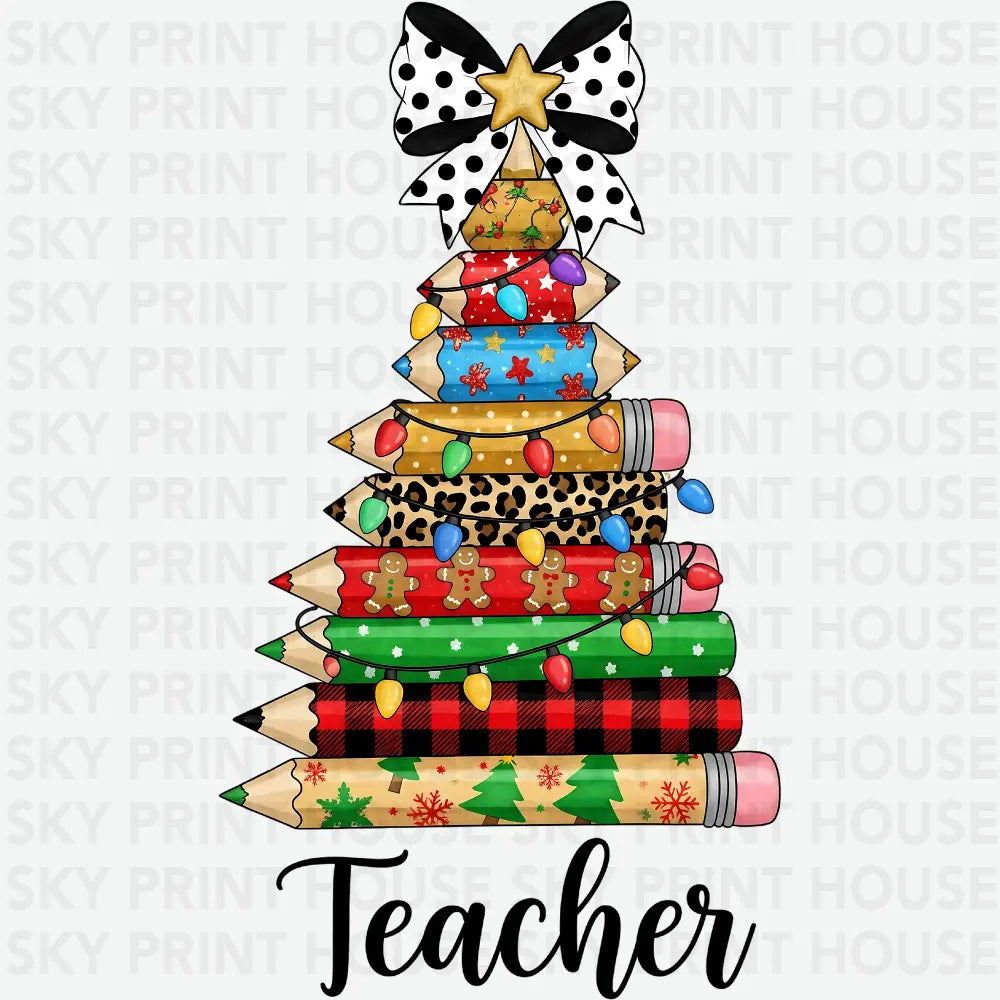 Pencil Christmas Tree Teacher - Christmas Ready to Press DTF Transfer