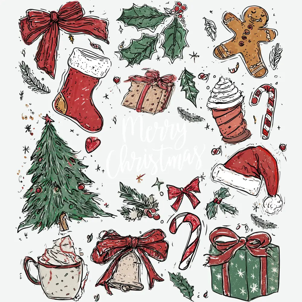 Retro Hand-Drawn Christmas Collage - Christmas Ready to Press DTF Transfer
