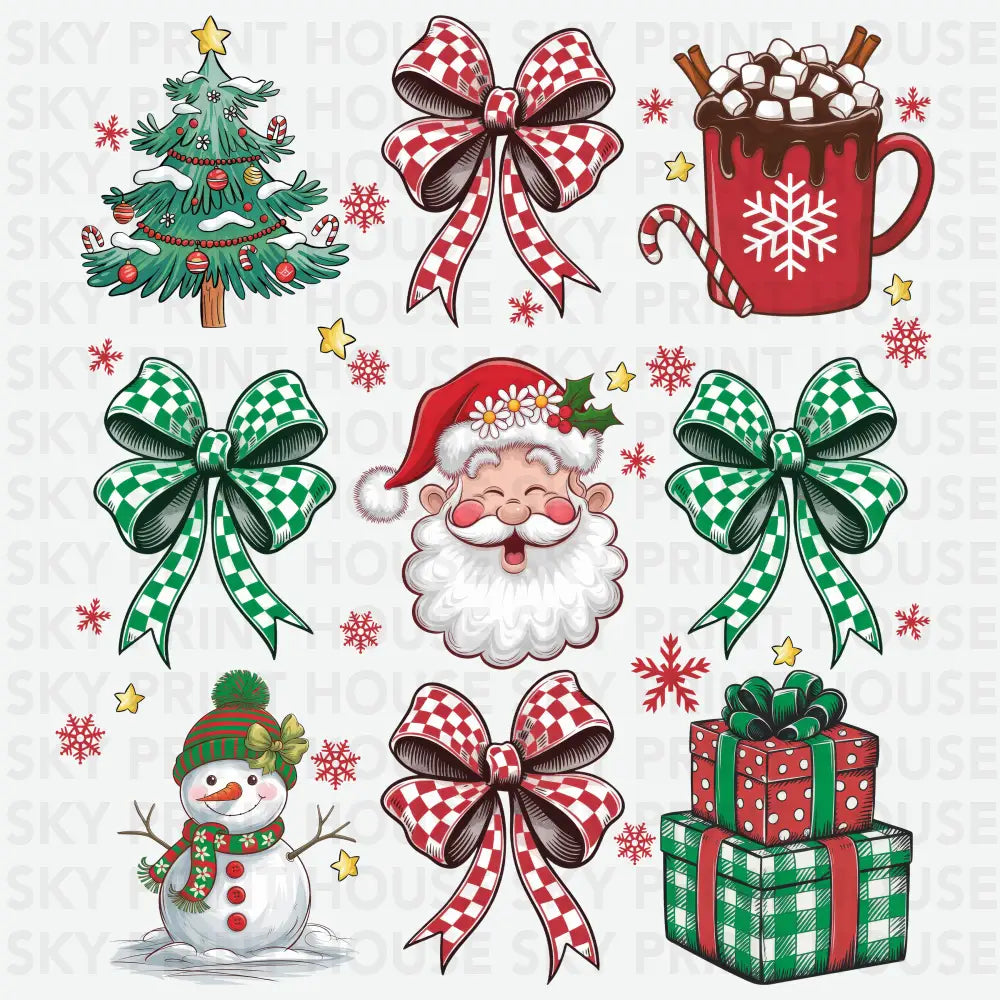 Santa Tree Snowman & Checkered Bow - Christmas Ready to Press DTF Transfer