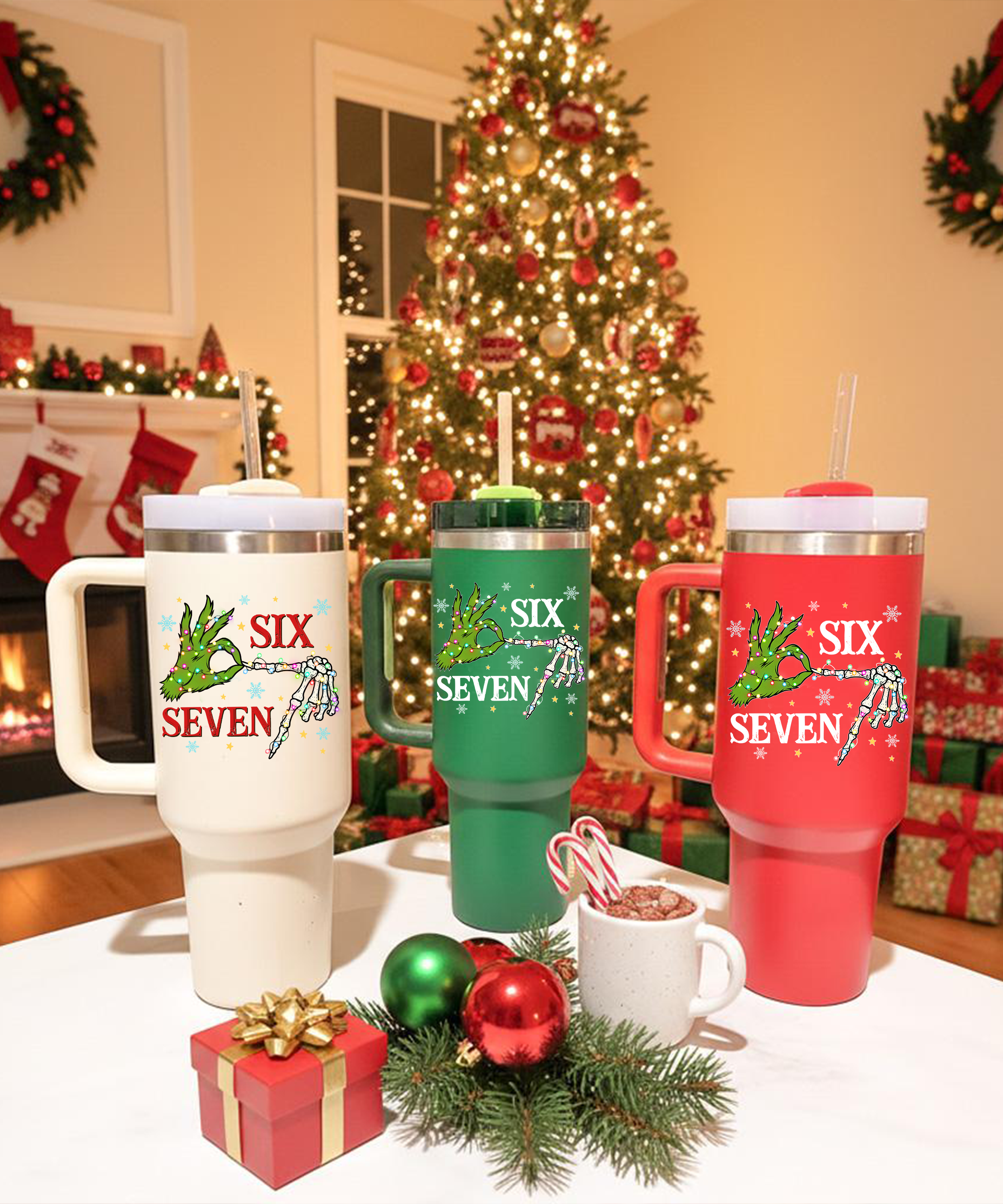Six Seven Christmas Tumbler Green Hand Holiday Cup UV Design Festive Travel Mug