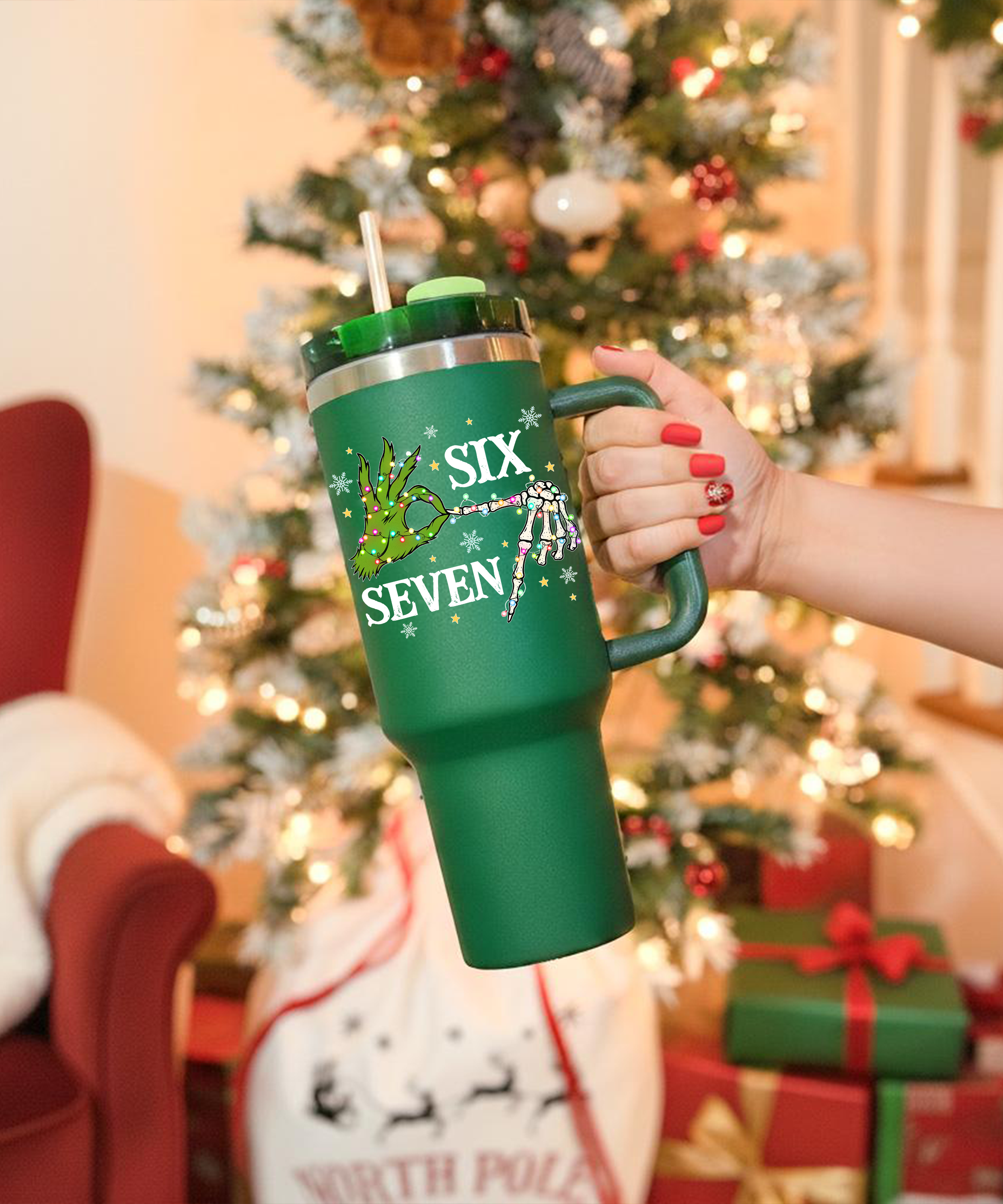 Six Seven Christmas Tumbler Green Hand Holiday Cup UV Design Festive Travel Mug