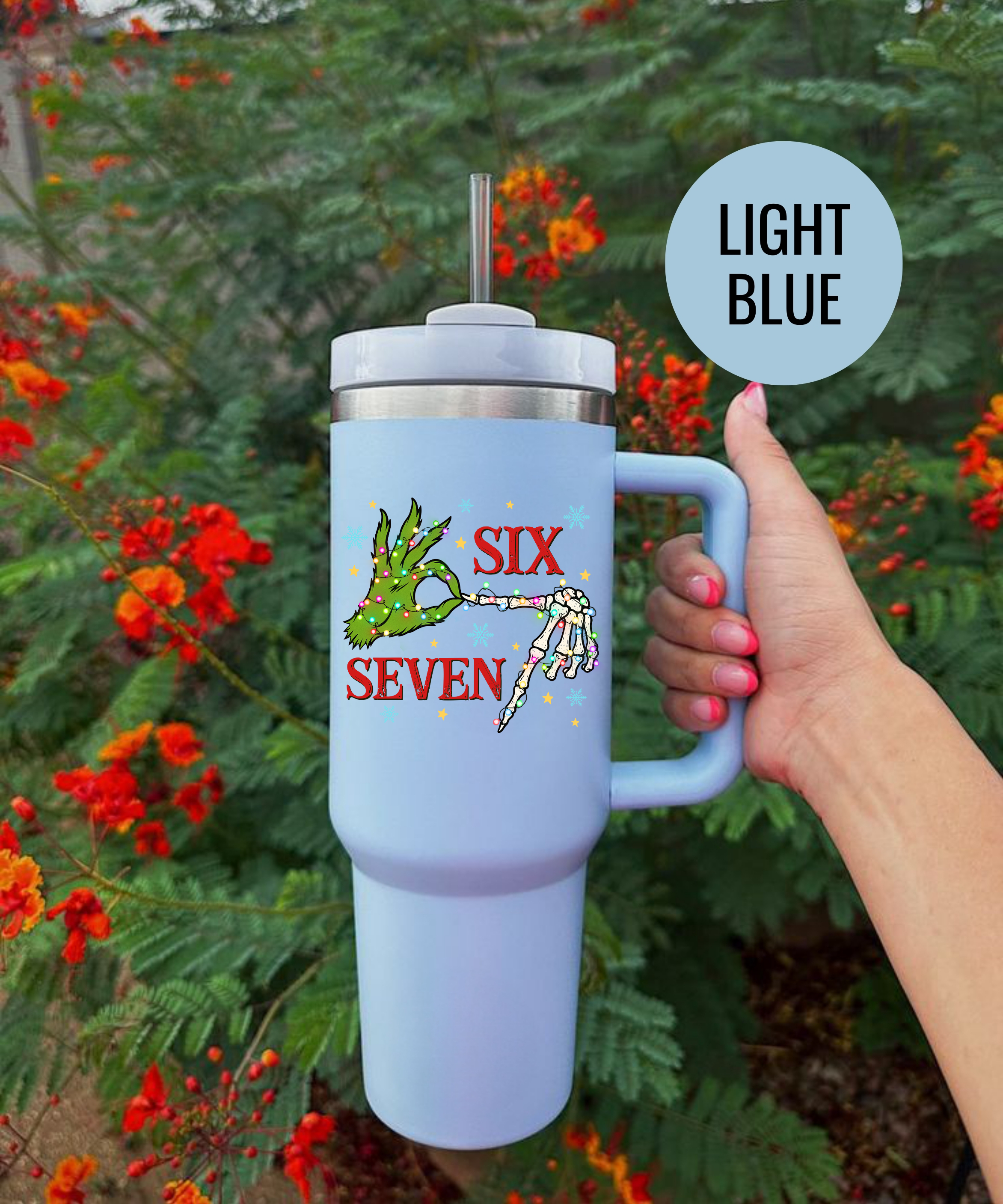 Six Seven Christmas Tumbler Green Hand Holiday Cup UV Design Festive Travel Mug