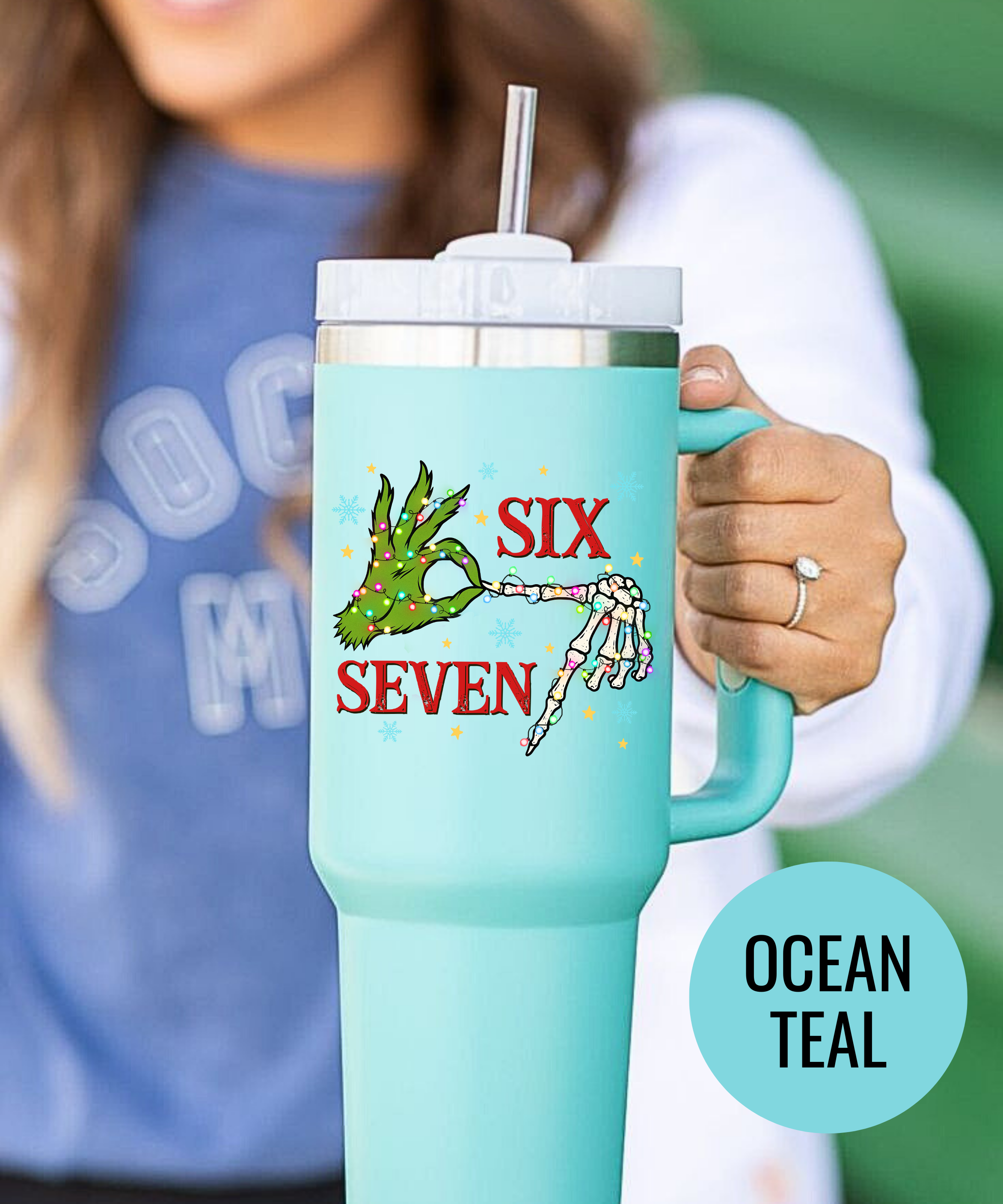 Six Seven Christmas Tumbler Green Hand Holiday Cup UV Design Festive Travel Mug
