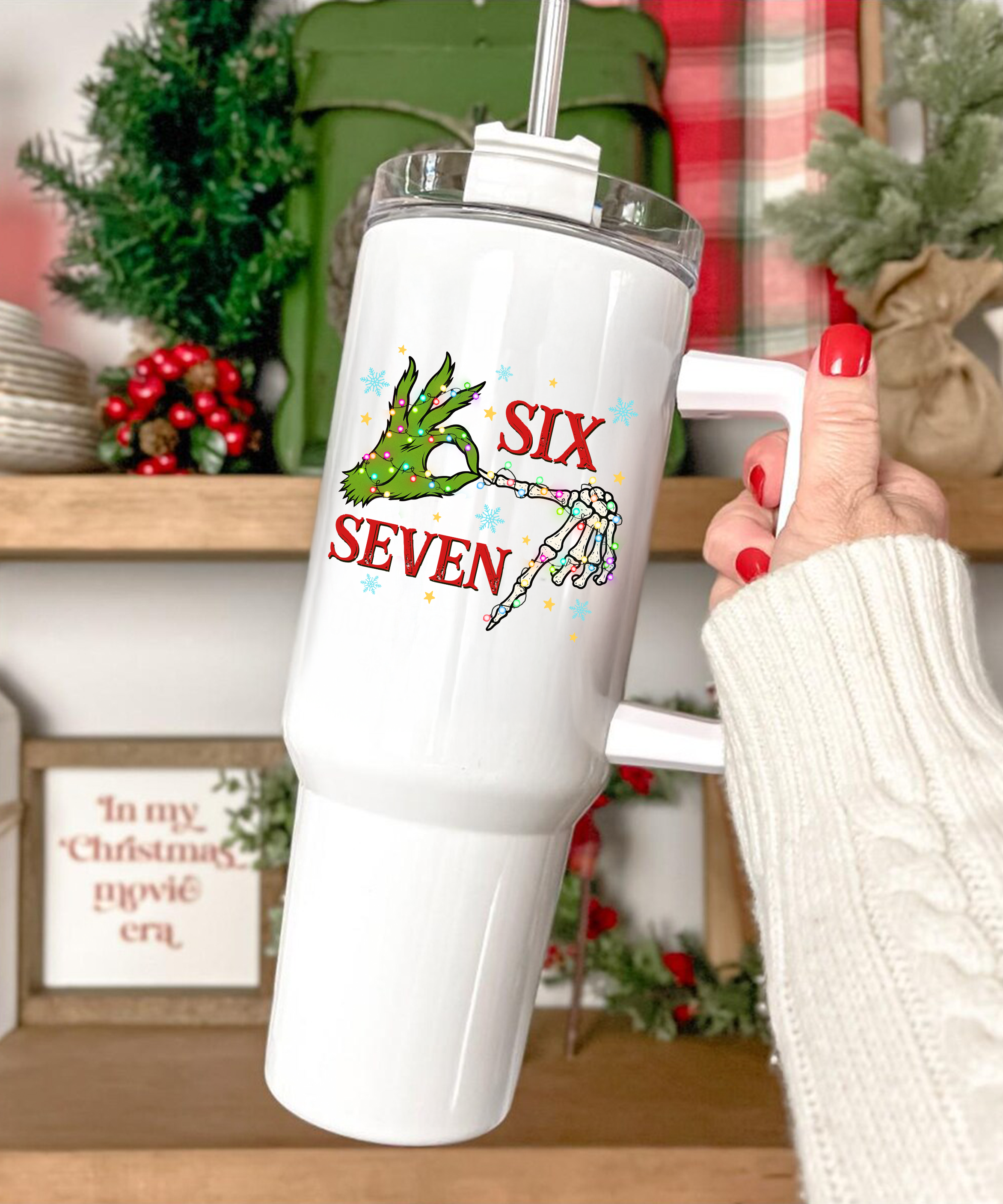 Six Seven Christmas Tumbler Green Hand Holiday Cup UV Design Festive Travel Mug