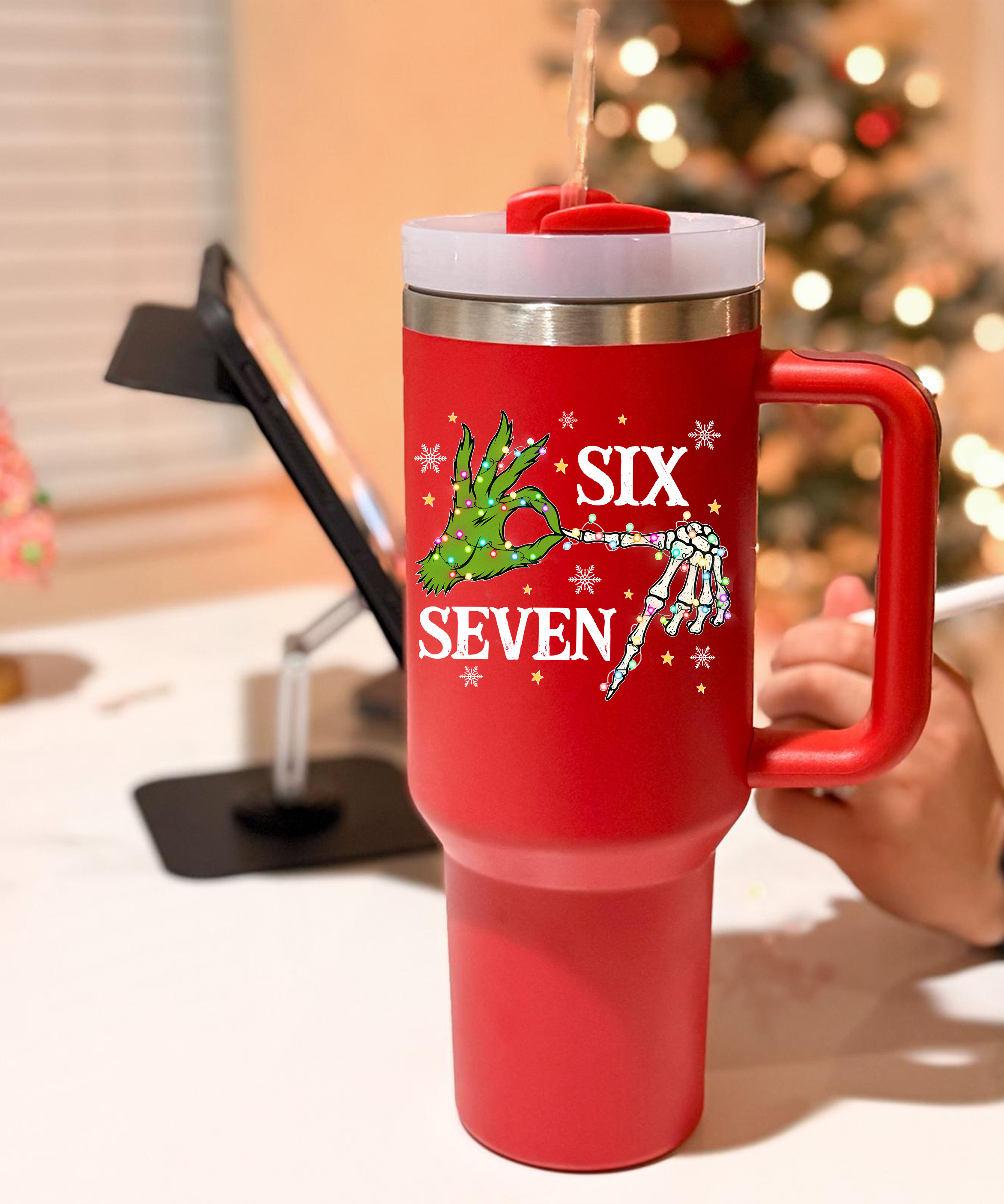 Six Seven Christmas Tumbler Green Hand Holiday Cup UV Design Festive Travel Mug