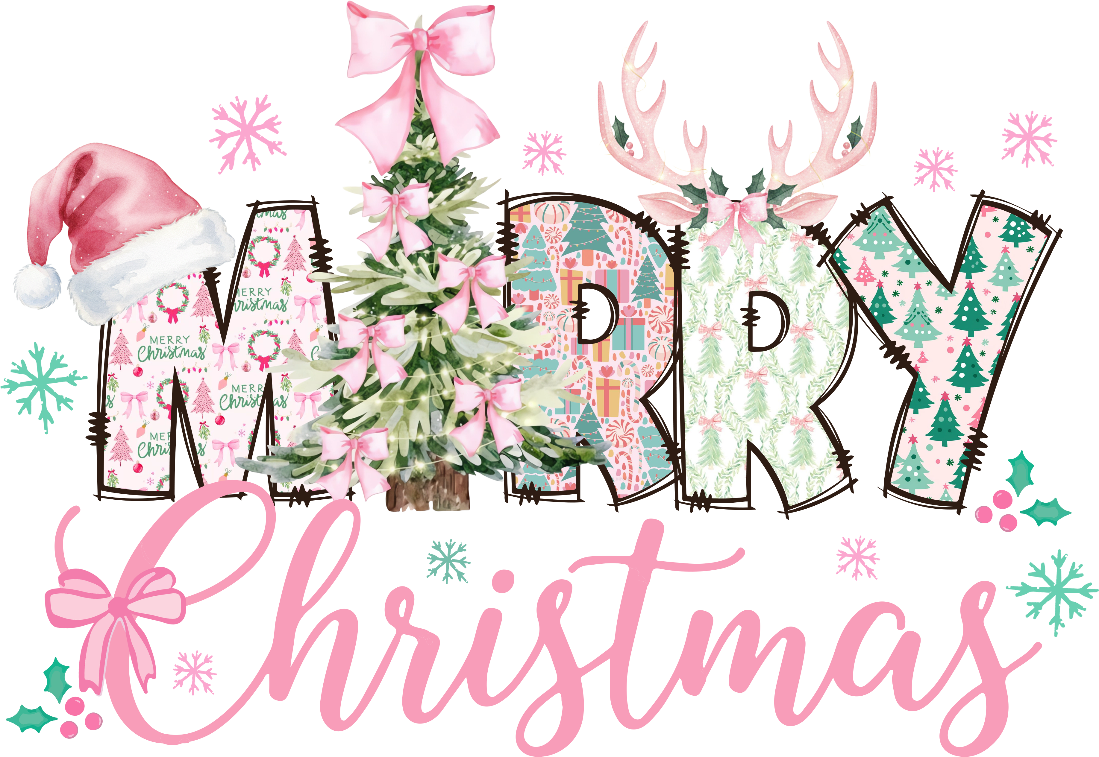 Pink Merry Christmas - Christmas Ready to Press DTF Transfer