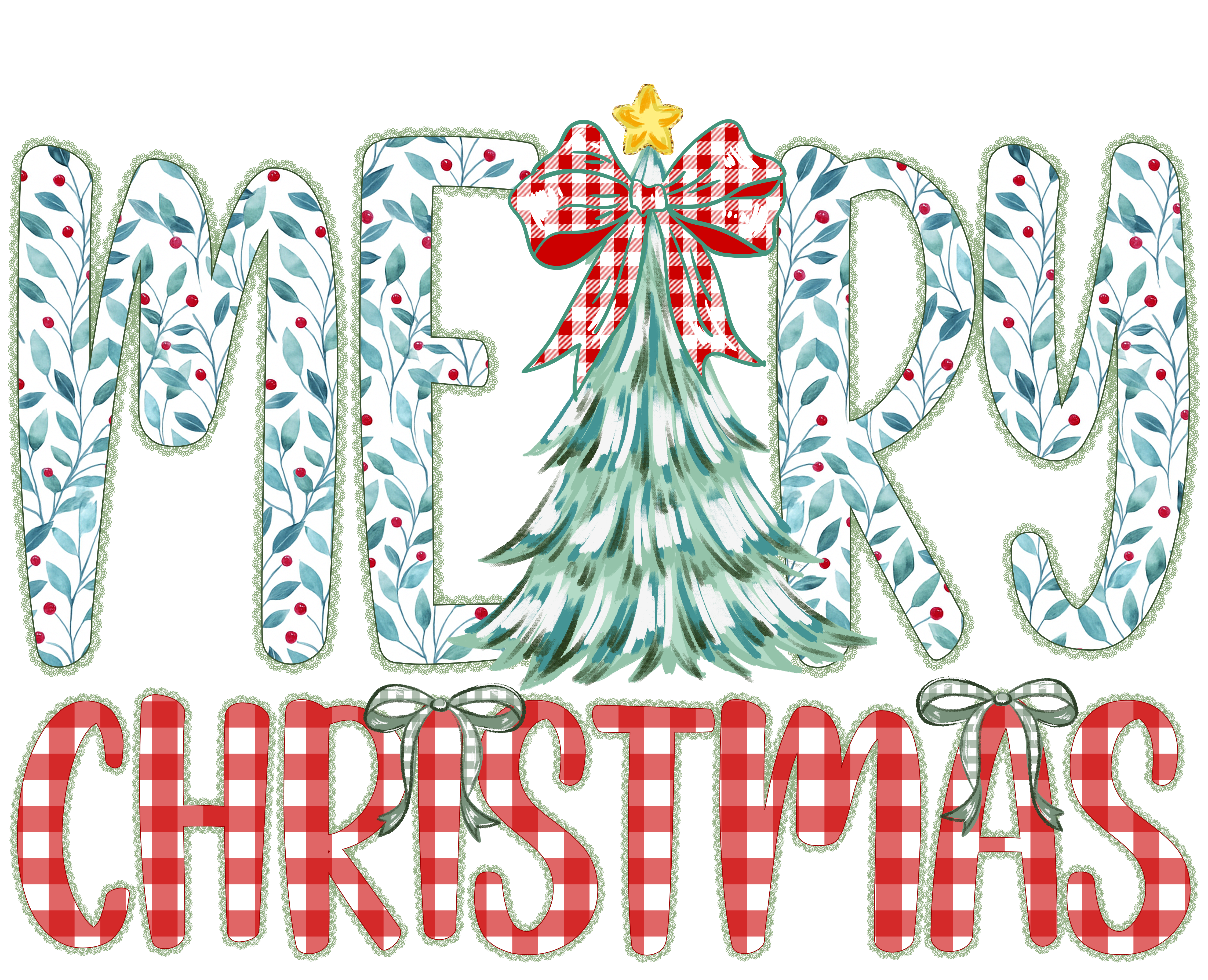 Merry Christmas Gingham & Floral Tree Design - Christmas Ready to Press DTF Transfer