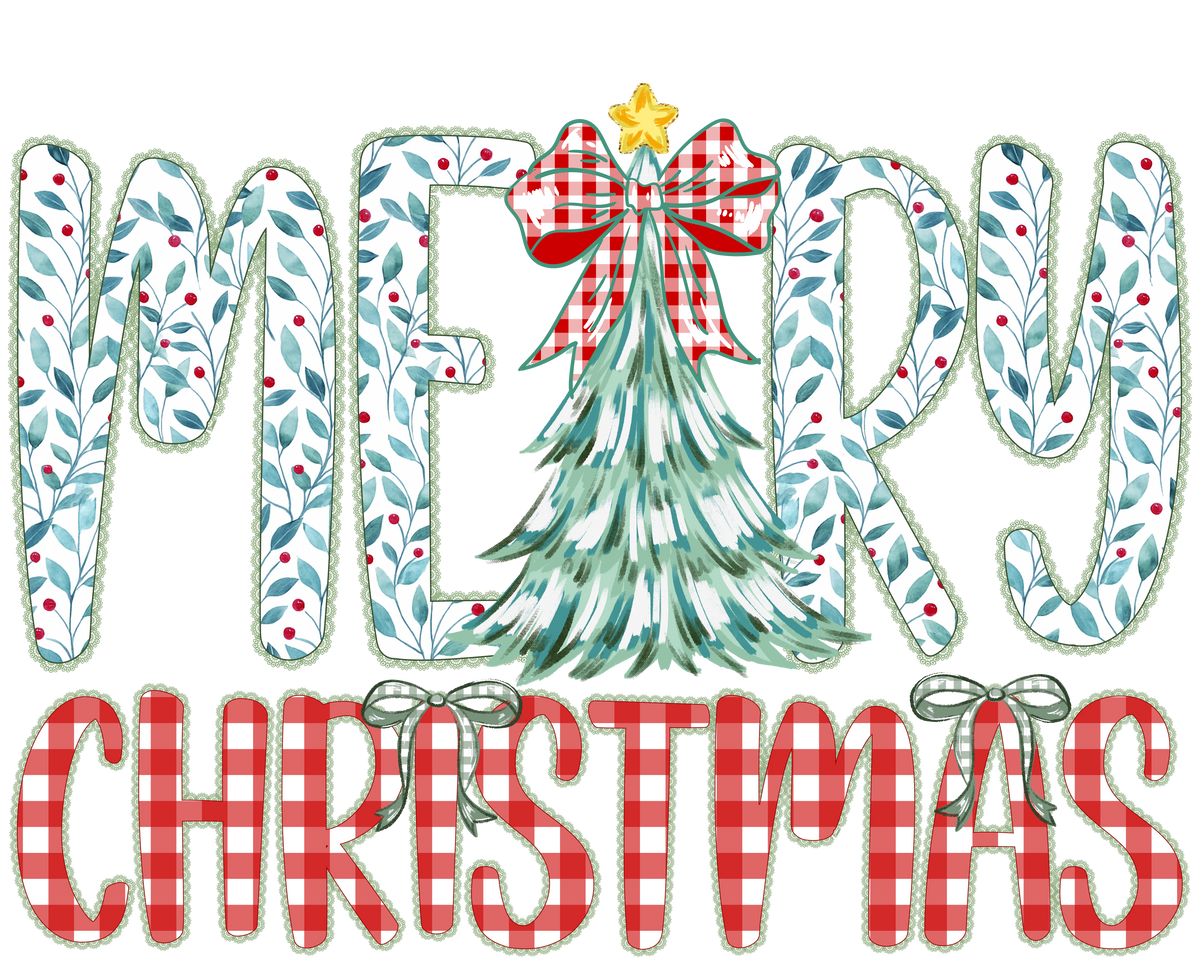 Merry Christmas Gingham & Floral Tree Design - Christmas Ready to Press DTF Transfer