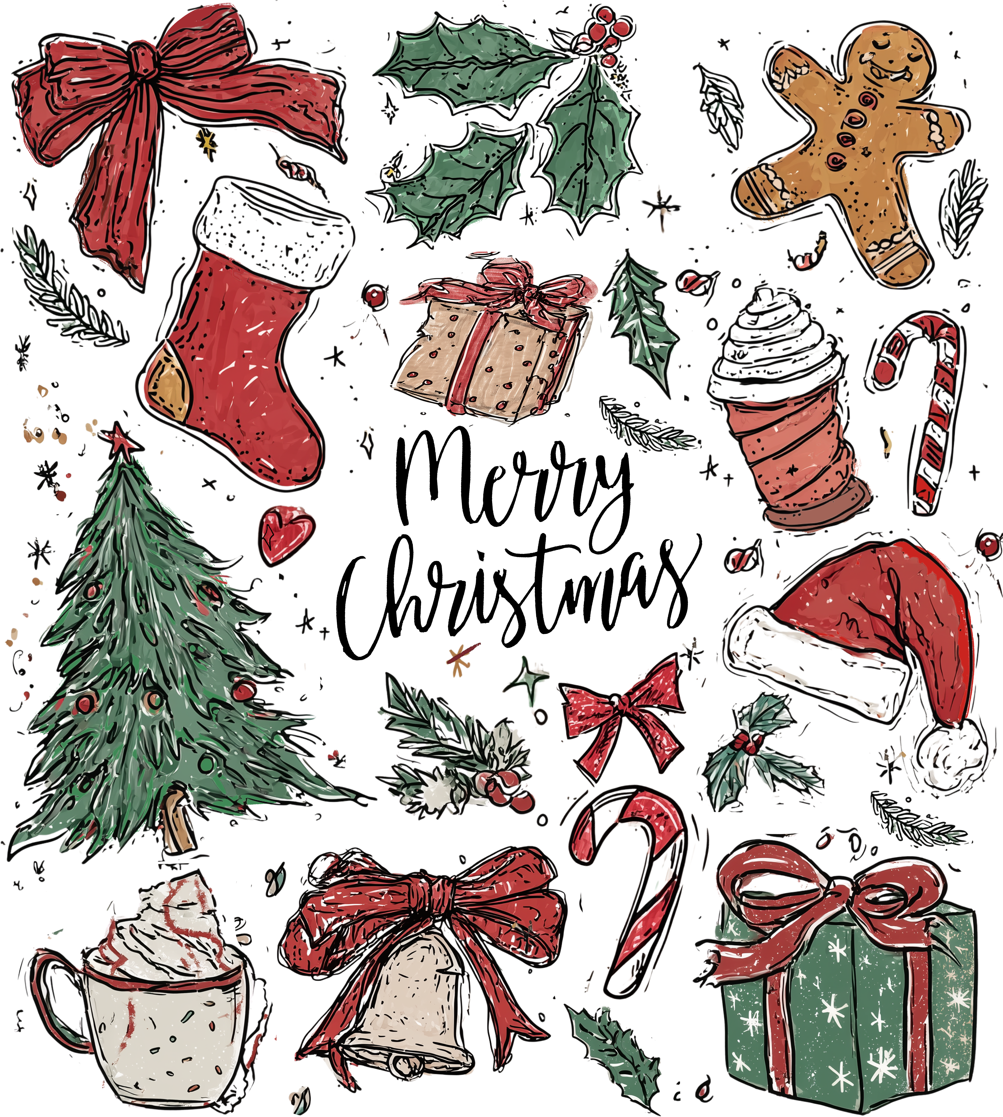 Retro Hand-Drawn Christmas Collage - Christmas Ready to Press DTF Transfer