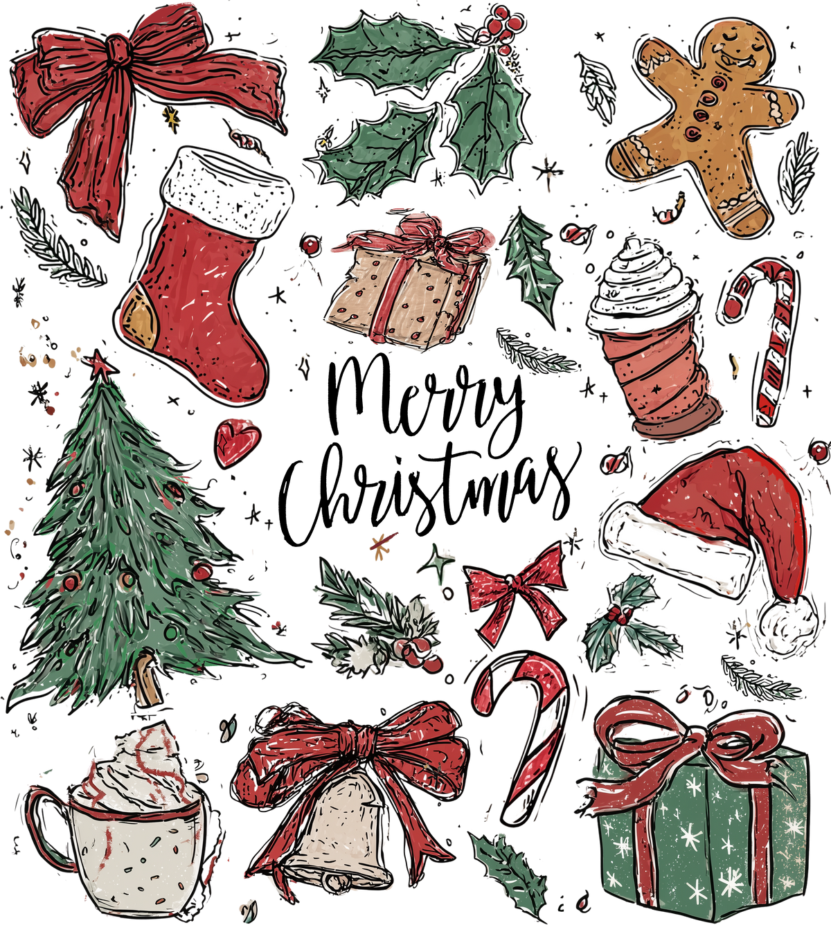 Retro Hand-Drawn Christmas Collage - Christmas Ready to Press DTF Transfer